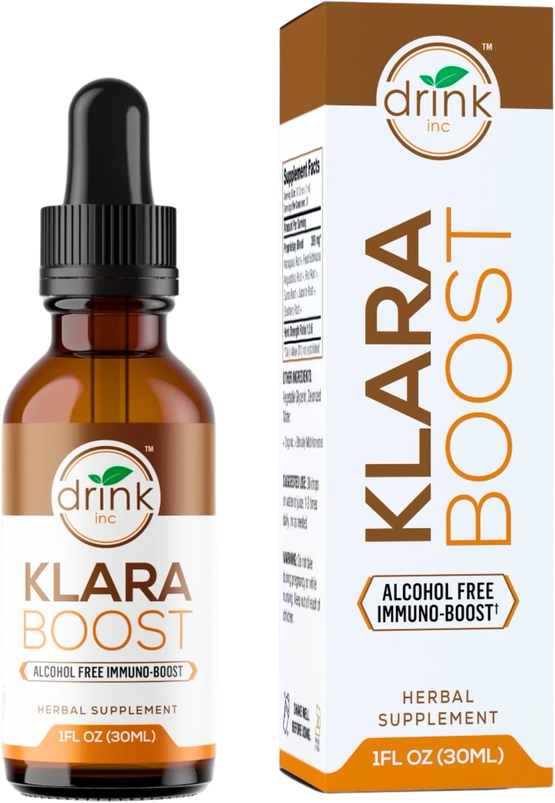 Klara Boost alcohol-free herbal tonic, 1 fl oz amber dropper bottle with box
